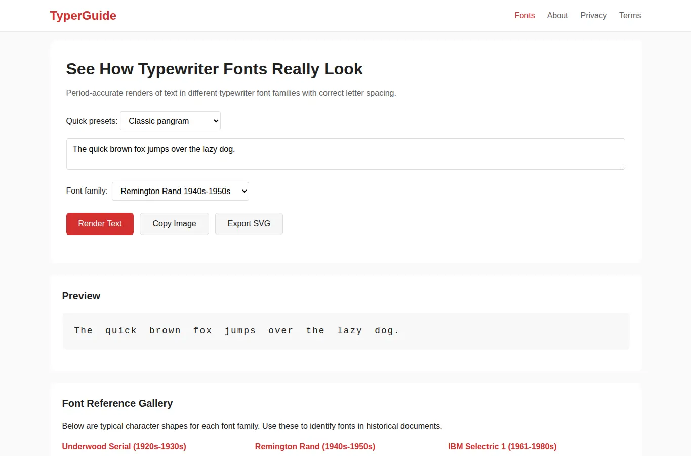 Screenshot of Typewriter Font Style Guide interface showing the project page in use